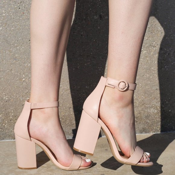 Qupid Shoes - Nude Vegan Leather Ankle Strap Heels